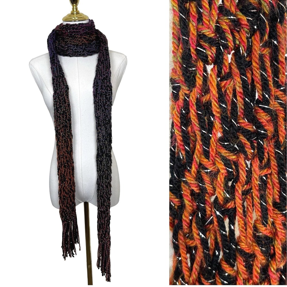 Vintage Handmade Knit Scarf Multicolor Metallic Sparkle Fringe Crochet Boho